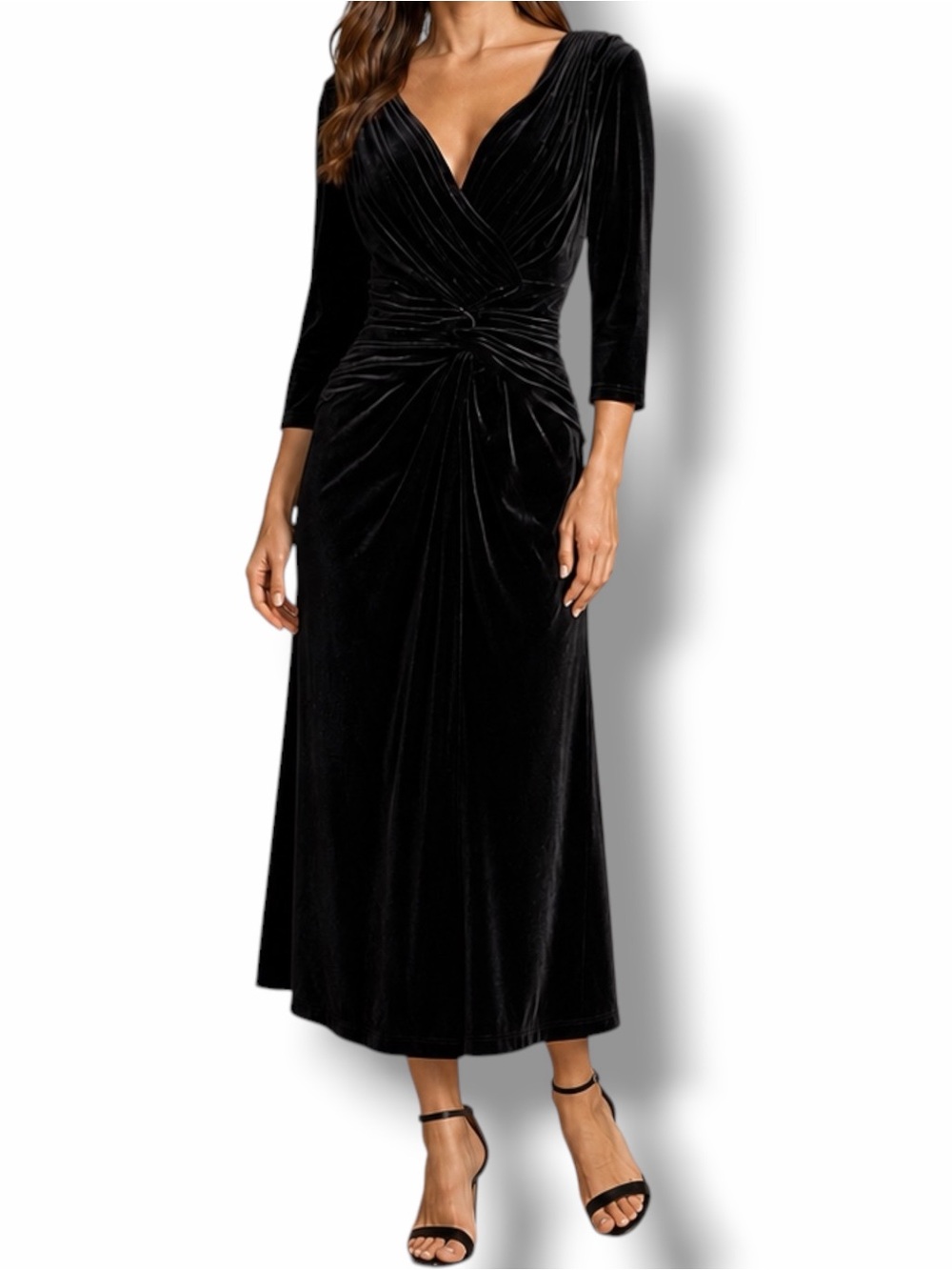 Tadashi Shoji Collection NWT Velvet Rushed V Neck Midi Dress Sz Large Black